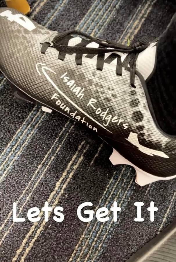This photo was taken from Isaiah Rodgers Instagram story. The design printed on the shoe is Kamlowskys design