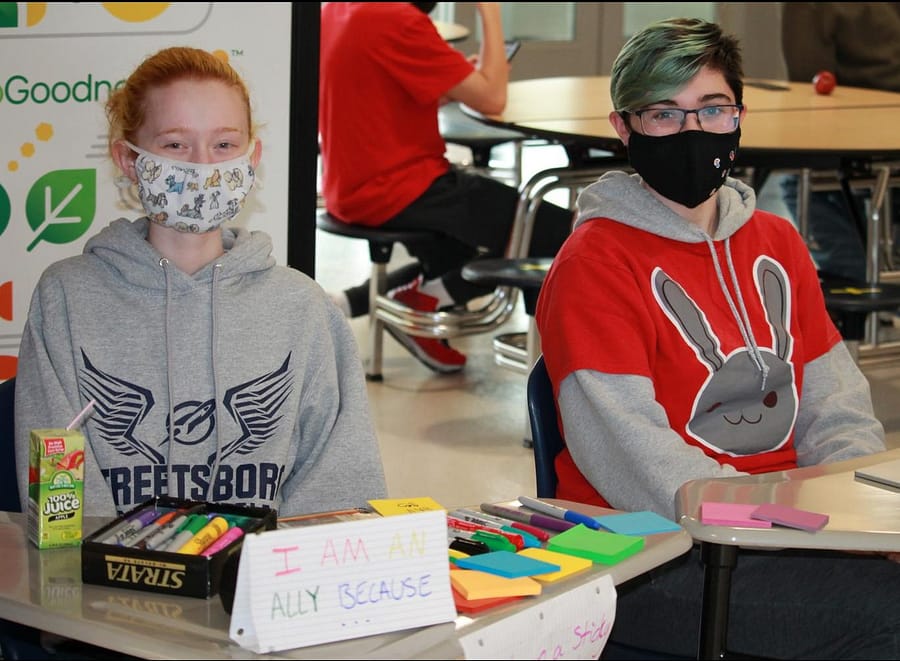 Juniors River Lowery and Elise Gestring offer students and staff Post-its to write on and show their support for inclusivity at SHS during lunch periods in May.